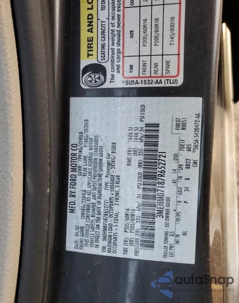 2007 Mercury Milan из США, поврежденный, VIN 3MEHM07187R652721